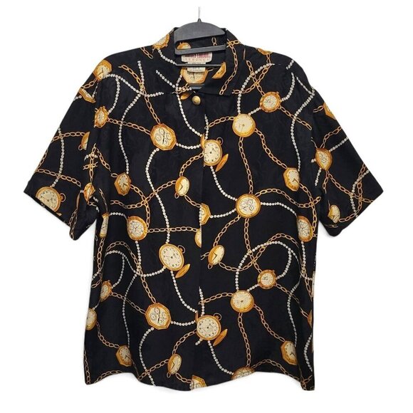 Vintage MAGGY LONDON Silk Blouse Gold Chain Pocket Watch Print - Picture 3 of 11